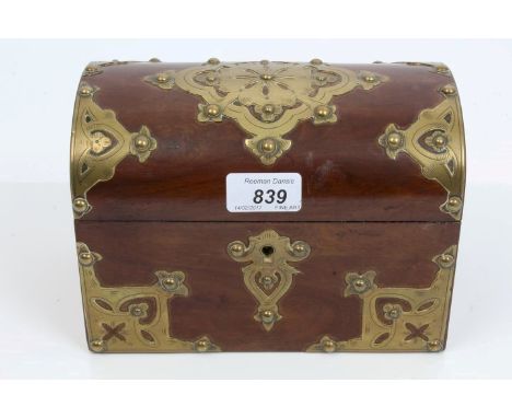 Victorian Gothic brass mounted walnut dome-top tea caddy with twin-lidded compartments, 20cm