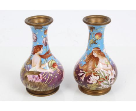 Pair late 19th century Viennese enamel vases of squat form, polychrome painted in a fairy tale manner, with figures, poppies 