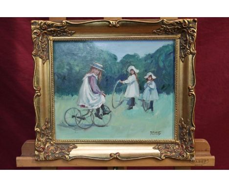 Margaret Palmer (b. 1902), oil on board - children playing with a tricycle and hoops in a garden, signed, in gilt frame, 24.5
