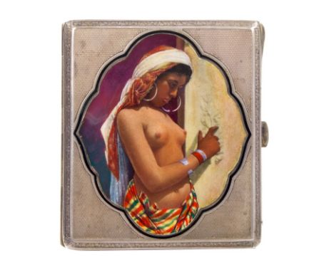 Late 19th / early 20th century Continental silver cigarette case with engine-turned decoration and finely enamelled Middle Ea