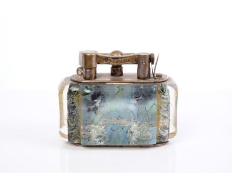 1950s Dunhill aquarium lighter with silver plated mounts, the moulded perspex body decorated with fish, rocks and seaweed, si
