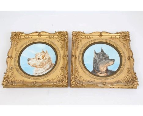 Pair Victorian Royal Worcester outside painted dog subject plates mounted in ornate gilt plaster frames, 35cm square overall