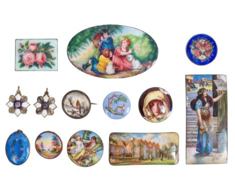 Collection of eleven enamel plaques, finely painted with figures, landscapes, animals and flora and two enamelled Brazilian N