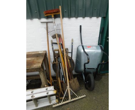 Various garden tools, to include rakes, spades, forks, dustbin, wheelbarrow, etc. (a quantity) 