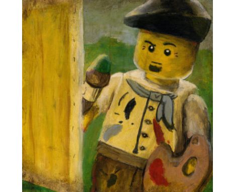 Tin Stanton, "The old master", acrylic painting on cradled wood panel, framed 25 x 25cm, c. 2023. A humorous Lego inspired pi
