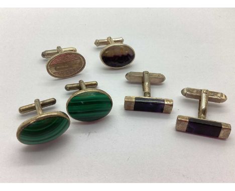 A Pair of Blue John Cufflinks, rectangular panel set to centre with swivel backs, stamped "ASD 925", a pair of collet set mal