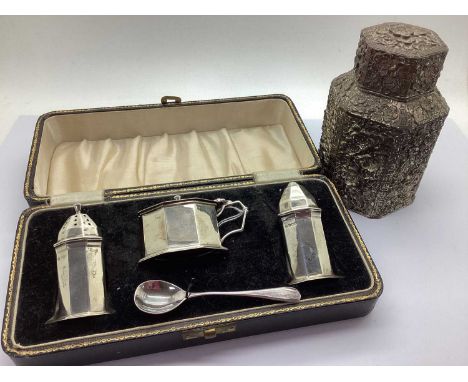 An Elkington &amp; Co Hallmarked Silver Three Piece Cruet Set, (marks rubbed), in a fitted case with associated modern hallma
