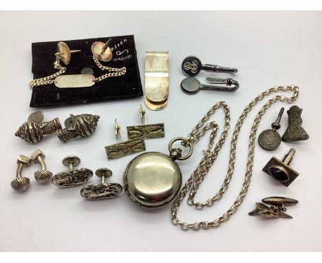 A Small Selection of Gent's Cufflinks, including brutalist style, vintage style, etc, three hallmarked napkin holders, a lock
