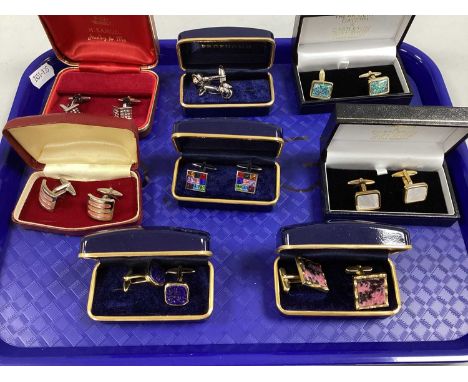 An Assortment of Gent's Cufflinks, to include gilt coloured, hardstone inlaid, multi-coloured stone set, Treak Cliff Cavern, 
