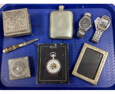 Sheffield Forgemasters Pewter Hipflask, gent's wristwatches, photograph frame, floral trinket box, antique style compass, etc