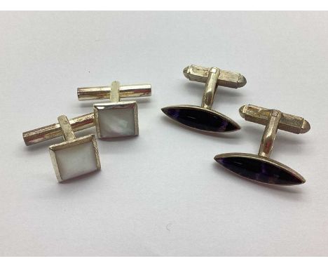 A Pair of Blue John Cufflinks, marquise shaped panels rubover set to swivel backs, stamped "ASD 925", another pair of rubover
