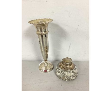 A Hallmarked Silver Vase, with shaped rim and weighted base, 18cm high (dents); together with a hallmarked silver mounted cut