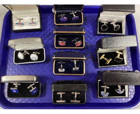 An Assortment of Gent's Cufflinks, to include enamel inlaid, Modernist style collet set, gilt coloured etc :- One Tray