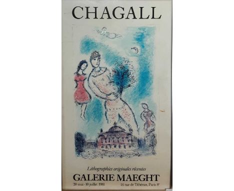 MARC CHAGALL INTEREST, POSTER PRINT for an exhibition at Galerie Maeght in Paris 1981, framed94cm x 55cm overall 