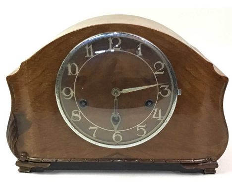 WALNUT MANTEL CLOCK, AND TWO BRASS CLOCKS the mantel clock with Arabic numeralsmantel clock 29cm wide