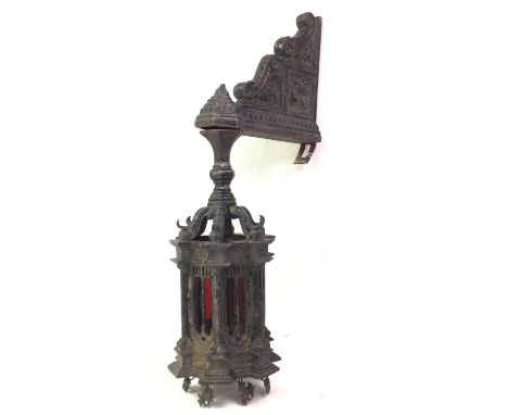 VICTORIAN CAST IRON WALL SCONCE LANTERN, LATE 19TH / EARLY 20TH CENTURY Gothic style, modelled in the style of a mausoleum, a