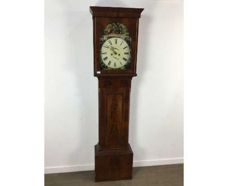 SCOTTISH MAHOGANY LONGCASE CLOCK, painted four nations dial with pendulum and weightsClock has not been tested, 206cm tall x 