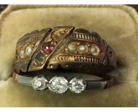 DIAMOND THREE STONE RING, AND A VICTORIAN RING  in eighteen carat gold, along with a Victorian ring, in fifteen carat goldQty