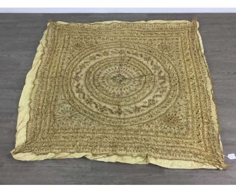 EARLY 20TH CENTURY TAPESTRY, decorated with gilt, red, green and orange stitching on a gilt ground