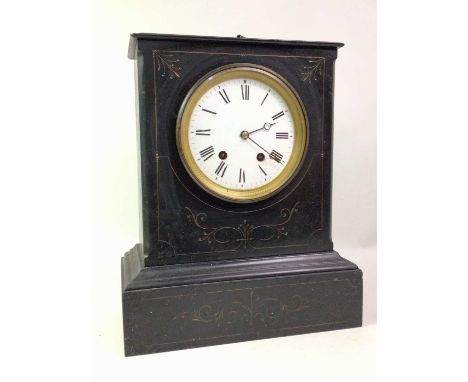 BLACK SLATE MANTEL CLOCK, EARLY 20TH CENTURY with a white enamelled face
