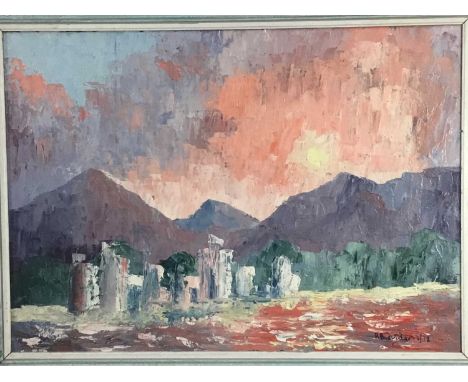 R B BUDVIETAS, SUNSET, SPANISH COAST oil on canvas, signed, titled label versoframedoverall size 59cm x 79cm 