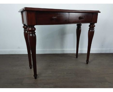 REPRODUCTION MAHOGANY CONSOLE TABLE, with two short side by side drawers on tapered legs100cm wide, 81cm high