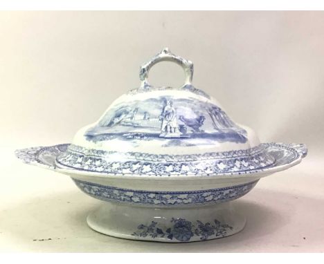 GROUP OF BLUE AND WHITE CERAMICS, comprising a Wedgwood ewer, wash basin and a selection of dishes and tureens