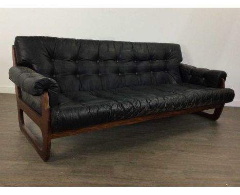 MID CENTURY TEAK FRAMED THREE PIECE SUITE, comprising three seat sofa and two armchairs, with shaped teak frame80cm high, 200
