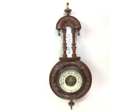 LATE VICTORIAN BAROMETER WITH THERMOMETER, cased in mahogany 46cm high