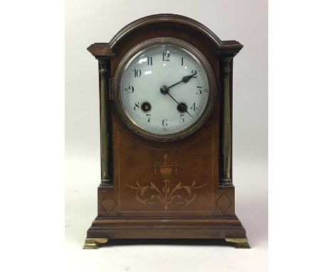 FRENCH MAHOGANY MANTEL CLOCK, AND ANOTHER MANTEL CLOCK the French clock with circular dial with Arabic numeralsFrench clock 2