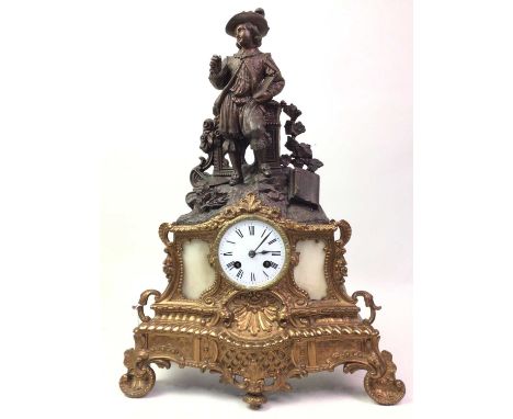 FRENCH STYLE FIGURAL MANTEL CLOCK, LATE 19TH / EARLY 20TH CENTURY striking to a bell, with bronzed metal figure and gilt deco