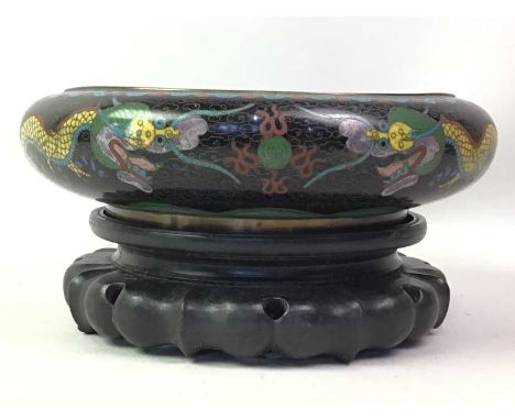 CLOISONNÉ ENAMEL CIRCULAR FRUIT BOWL, AND OTHER ITEMS  the bowl decorated with dragons on hardwood stand, along with a Japane
