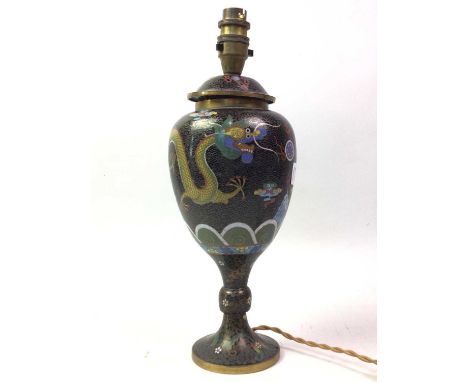 CLOISONNÉ VASE TABLE LAMP, AND OTHER CERAMICS including Chinese vase, a Royal Crown Derby trinket box and a cat ornamentlamp 