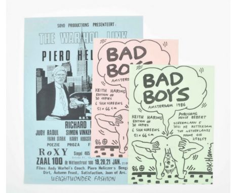 [s and up] Bad Boys, Amsterdam 1986  (1) Two flyers designed by Keith Haring announcing the release of his 1986 silkscreen ed