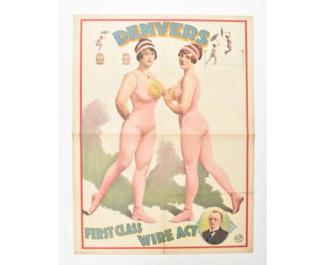 [Acrobatics] [Tightrope] Denvers first class wire act Friedländer, Hamburg, 1922. 96 x 71 cm. Lith. no. 7263. Lower folding l
