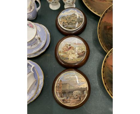 THREE MAHOGANY FRAMED PRATTWARE LIDS 