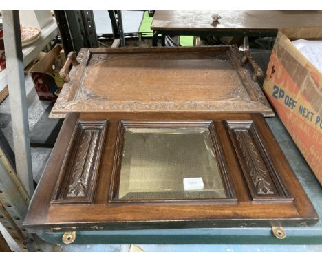 A LARGE VINTAGE WOODEN TRAY WITH HANDLES AND A MIRRORED PANEL 