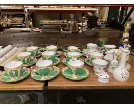 A VINTAGE GREEN CROWN STAFFORDSHIRE PART TEASET TO INCLUDE CAKE PLATES, CUOS, SAUCERS, SIDE PLATES, ETC, PLUS A FIGURAL LAMP,