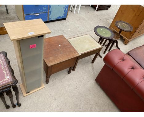 AN INLAID PIANO STOOL, TWO WINE TABLES, OCTAGONAL OCCASIONALTABLE, SQUARE BOX COMMODE AND CD RACK 