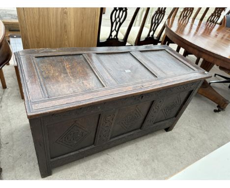 A GEORGE III OAK THREE PANEL BLANKET CHEST, 48" WIDE 