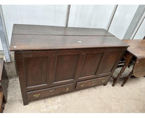 A GEORGE III OAK COFFER WITH FOUR PANEL FRONT AND TWO DRAWERS TO THE BASE, 53" WIDE 