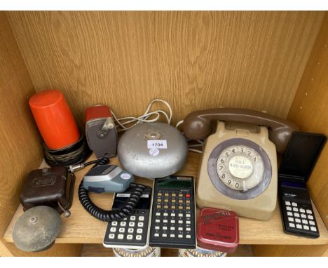 AN ASSORTMENT OF ITEMS TO INCLUDE A ROTARY DIAL TELEPHONE, BELLS AND A LIGHT ETC 