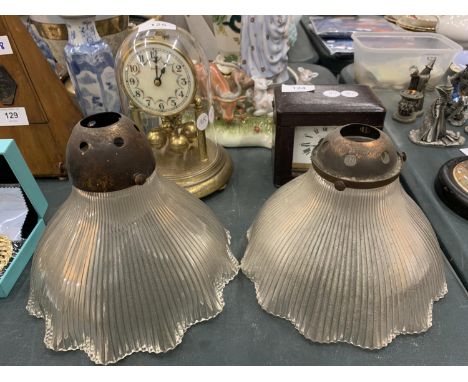 TWO VINTAGE GLASS LIGHT SHADES WITH METAL FITTINGS 
