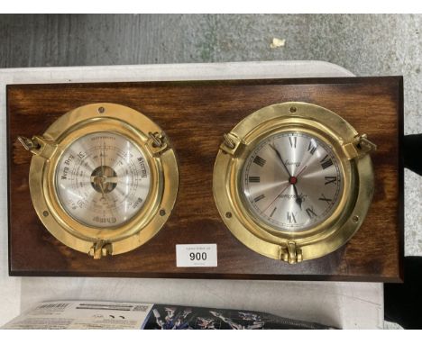 A MAHOGANY FRAMED BRASS PORTHOLE STYLE CLOCK AND BAROMETER 