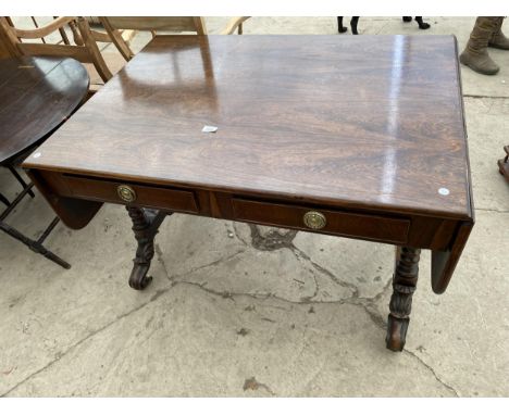 A REGENCY ROSEWOOD SOFA TABLE ENCLOSING FOUR DRAWERS WITH PROFUSELY TURNED SUPPORTS AND STRETCHER, 64.5X31" OPENED 