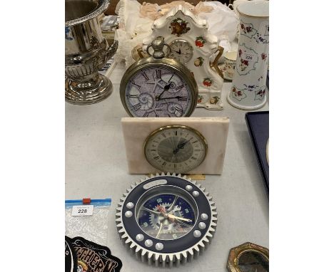 A BATTERY OPERATED CLOCK IN THE FORM OF A POCKET WATCH, WESTCLOX MANTLE CLOCK FAUX MARBLE , CERAMIC  CLOCK FRUIT DESIGN AND A