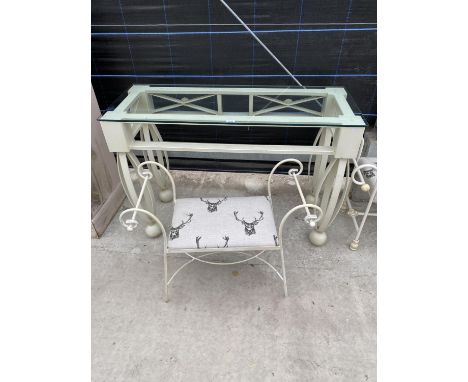 A MODERN METALWARE CONSOLE TABLE WITH GLASS TOP, 48" WIDE AND A STOOL 