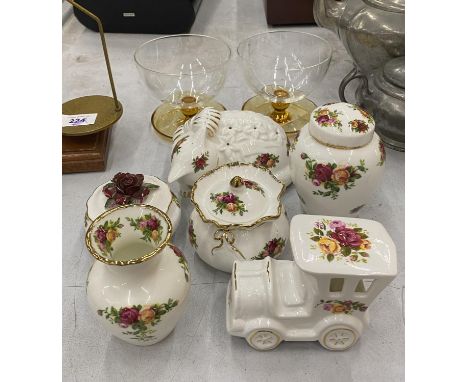 A QUANTITY OF ROYAL ALBERT OLD COUNTRY ROSES TO INCLUDE A POMANDER, DOROTHY BAG, TRINKET POT, ETC., TOGETHER WITH TWO GLASS G