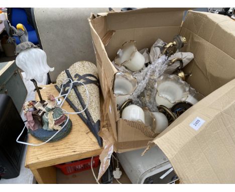 AN ASSORTMENT OF LIGHT FITTINGS AND LAMPS WITH RETRO GLASS SHADES ETC 