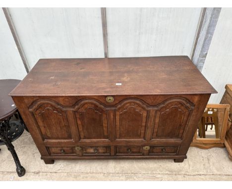 A GEORGE III OAK COFFER WITH ARCHED FOUR PANEL FRONT AND TWO BASE DRAWERS, 53" WIDE 